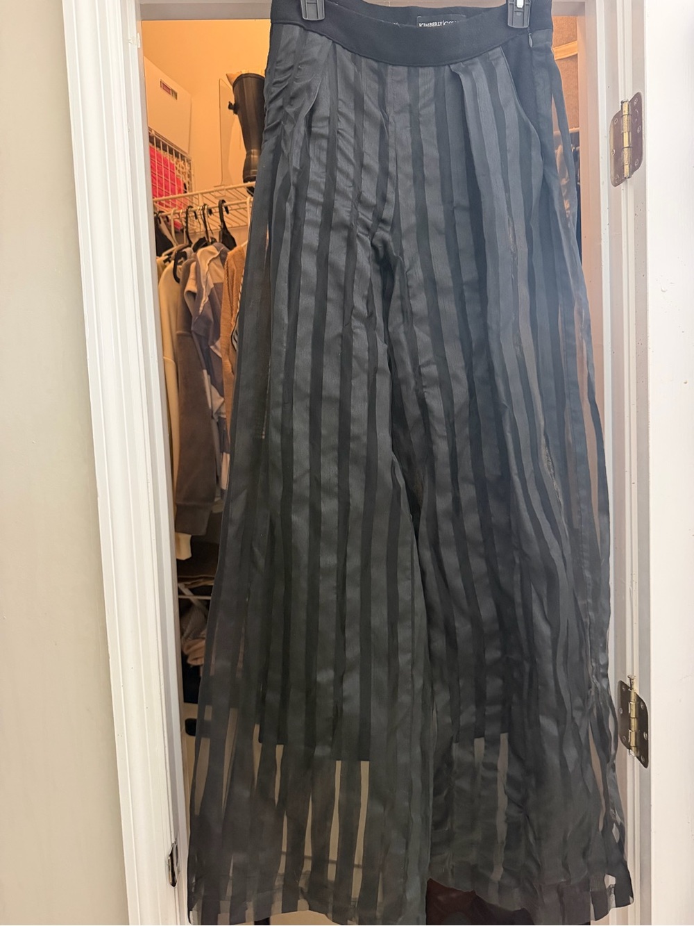 Kimberly Goldson Black Sheer Vertical-Stripe Maxi Pants with Wide Leg